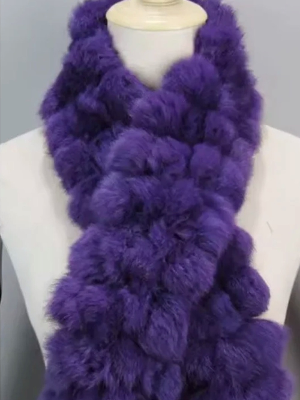 Y2K-style purple ombre rabbit fur pom-pom scarf.